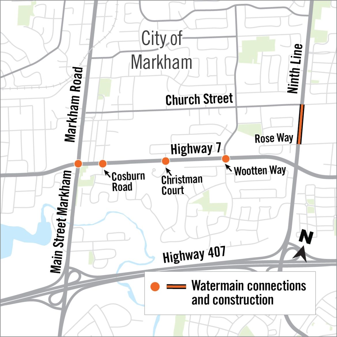 Map showing nightwork locations along Highway 7 in Markham