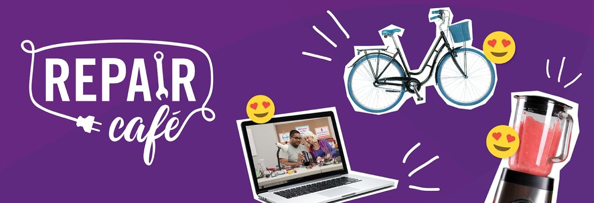 a purple banner with the words repair cafe and a bike, blender and a laptop showing two people fixing things