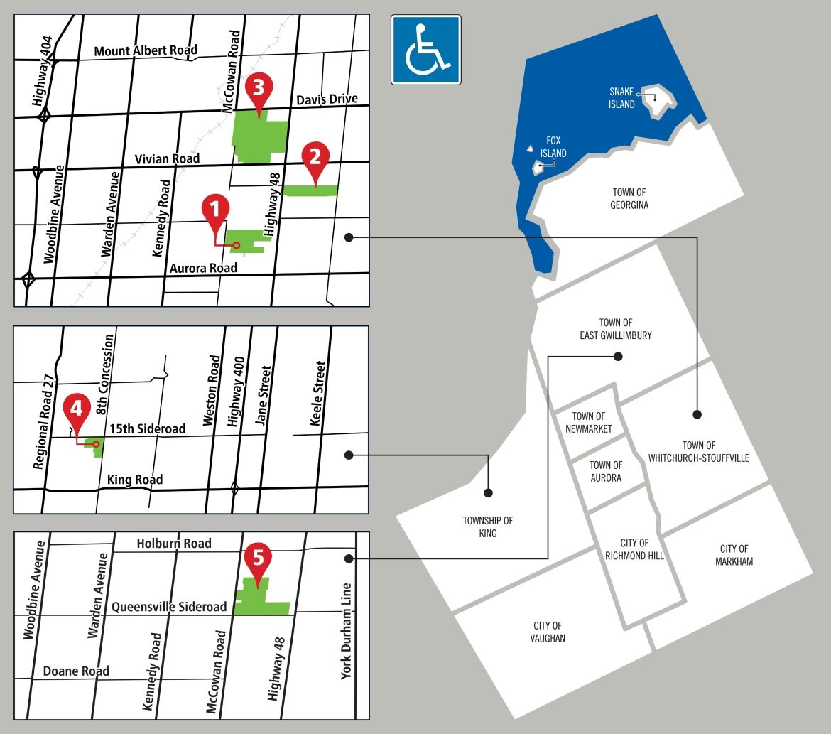 a map showing 5 different locations of accessible trails within the York Regional forest