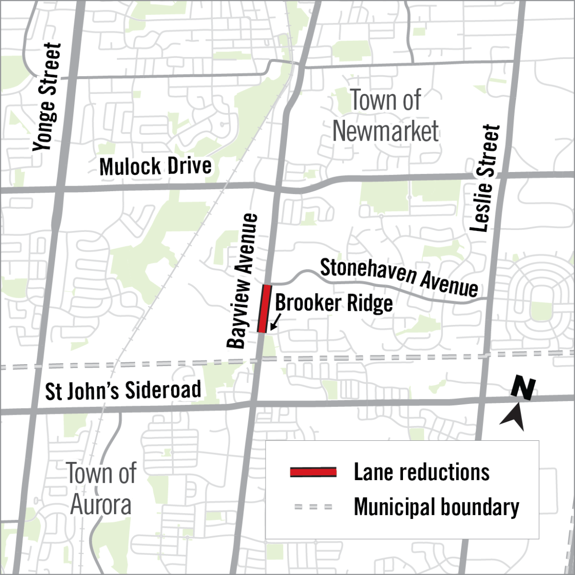 Map of lane reduction location along Bayview Avenue in the Town of Newmarket