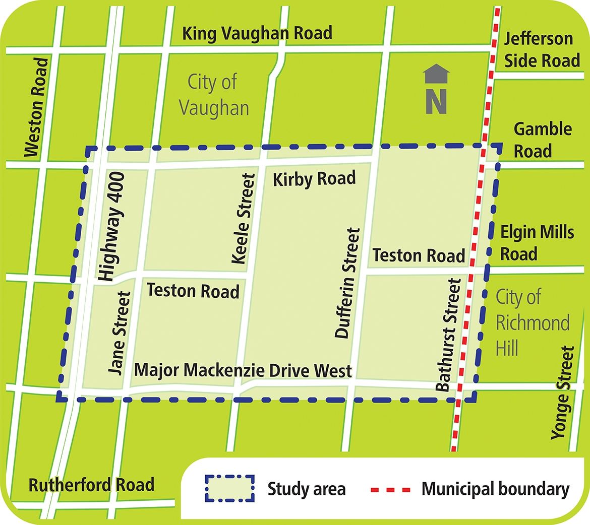 Map showing construction area affecting Teston Road area betweenHighway 400 to Bathurst Street and between Major Mackenzie Drive and Kirby Road