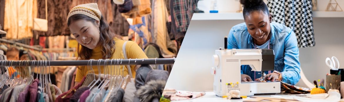 Two women, one is thrifting for used clothing, and the other is sewing used clothes