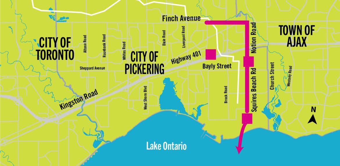 York Region Sewage Works Project map showing the primary system expansion of the York Durham Sewage System