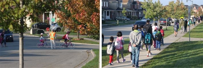 Photos of childern and parents on their way to school; cycling and walking.