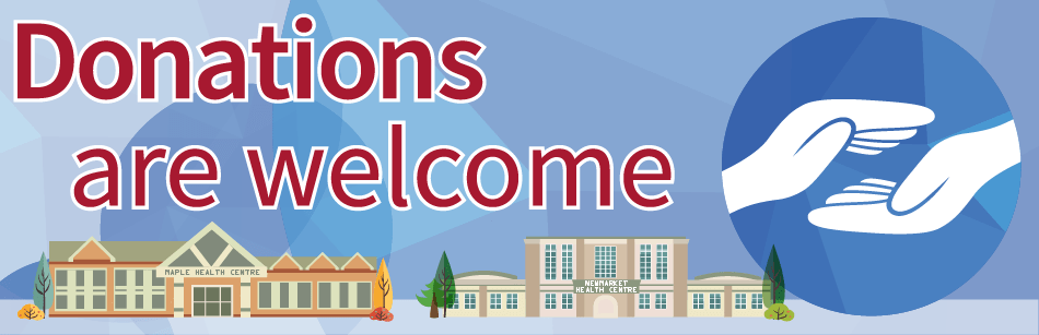 Graphic that contains two illustration of the York Region Long term care homes with the text Donations Are Welcome