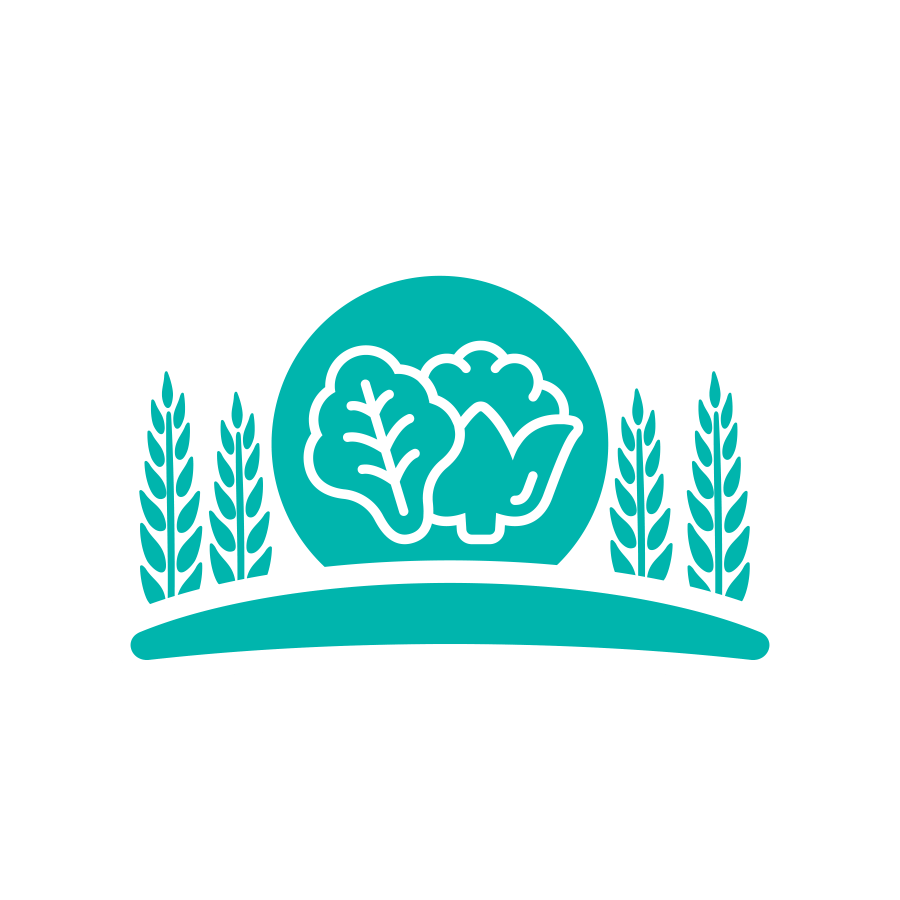 Vegetables inside a round shape with trees on each side representing the food systems