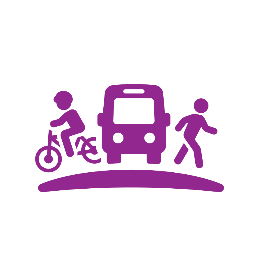 A person riding a bike, a bus and a person walking representing transportation networks