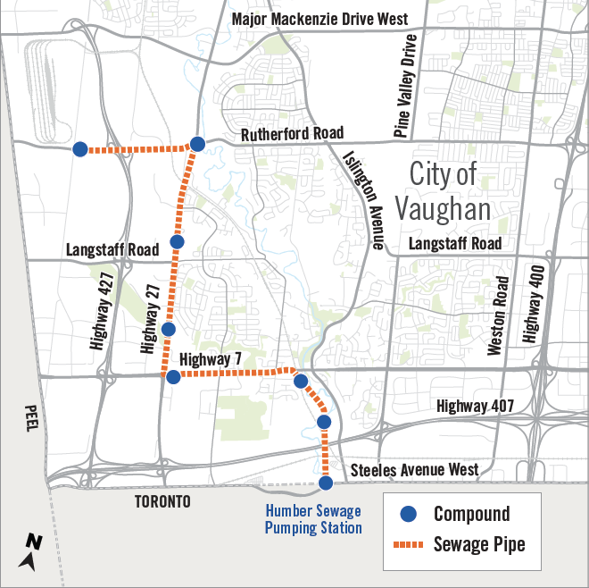 Map of the new gravity sewer pipe between Rutherford Road, Highway 27, Islington Avenue and Steeles Avenue West in the City of Vaughan