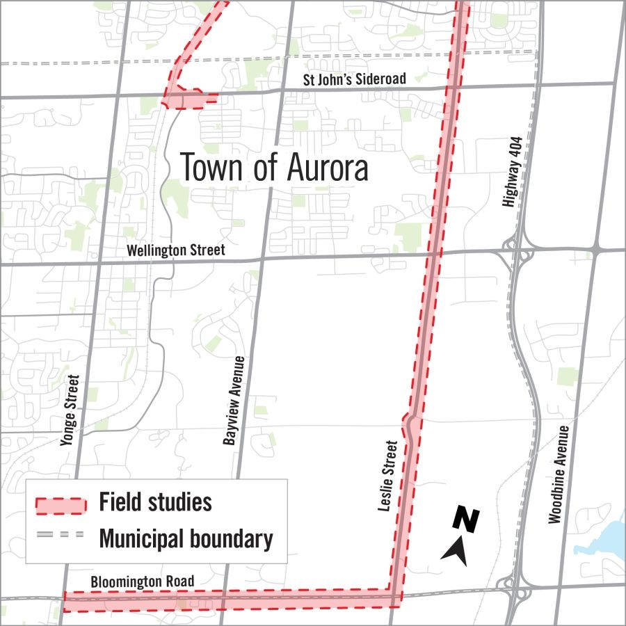 map of field studies site for York Durham Sewage System project in the Town of Aurora