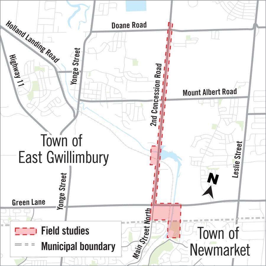 map of field studies site for York Durham Sewage System project in the Town of East Gwillimbury