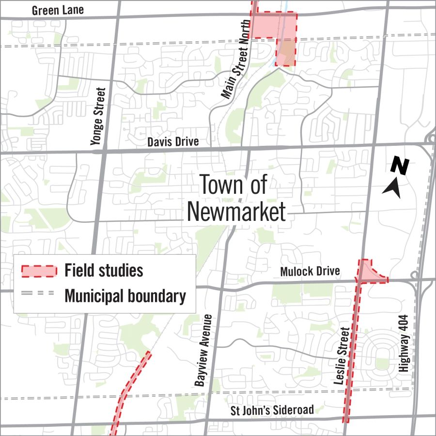 map of field studies site for York Durham Sewage System project in the Town of Newmarket
