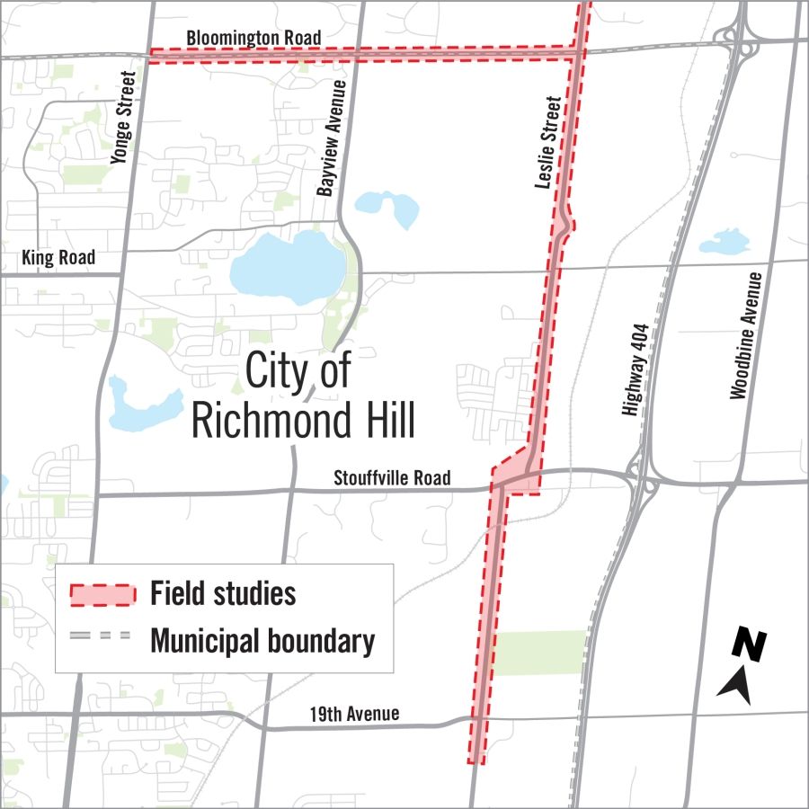 map of field studies site for York Durham Sewage System project in the City of Richmond Hill