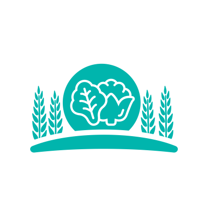 Vegetables inside a round shape with trees on each side representing the food systems