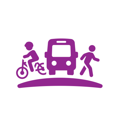 A person riding a bike, a bus and a person walking representing transportation networks