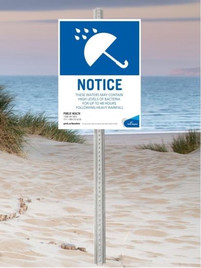 York Region Beach Water Notice Sign with an umbrella icon on a blue background. On a white background, the sign states: "Notice. These waters may contain high levels of bacteria for up to 48 hours following heavy rainfall. Public Health: 1-800- 361-5653; TTY: 1-866-512-6228; york.ca/beaches"