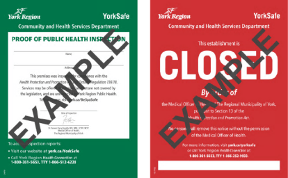Examples of a pass (green) and closed (red) YorkSafe inspection signs