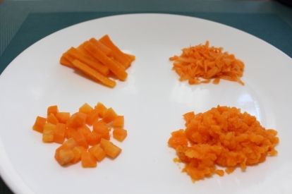Cooked carrots prepared in a variety of textures