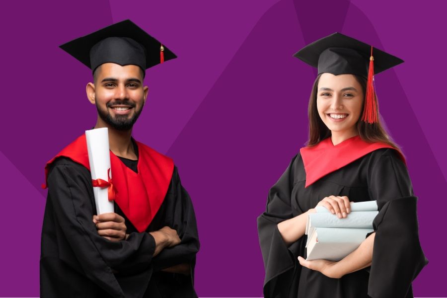 Two people in graduation caps and gowns on purple triad background