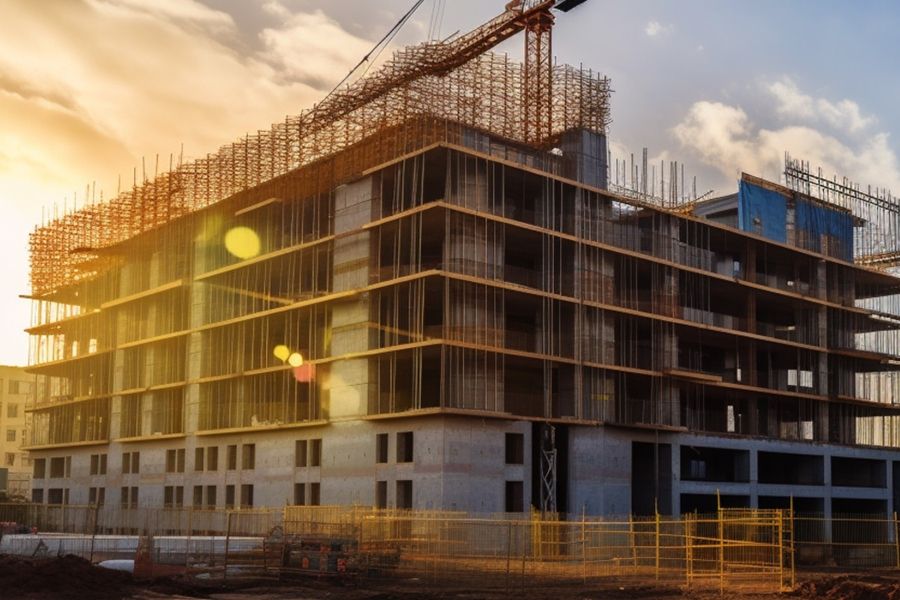 Image of a high rise housing project being constructed with a crane lifting materials at sunset.