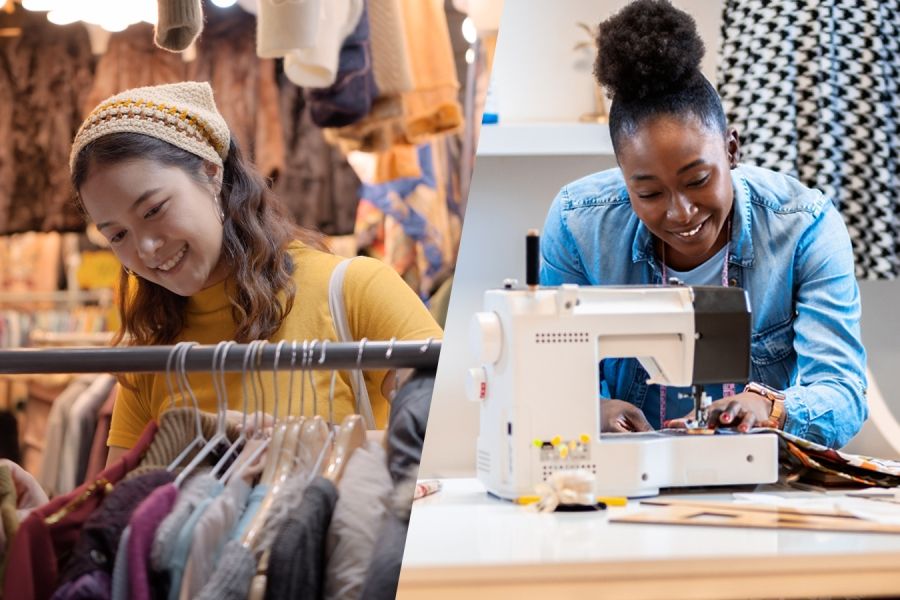 Two women, one is thrifting for used clothing, and the other is sewing used clothes